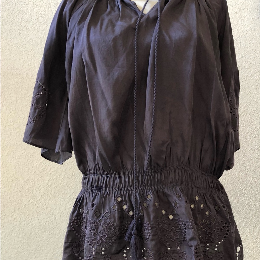 Papaya eyelet trim peasant blouse Stretch waist Slate purple Med LNWOT